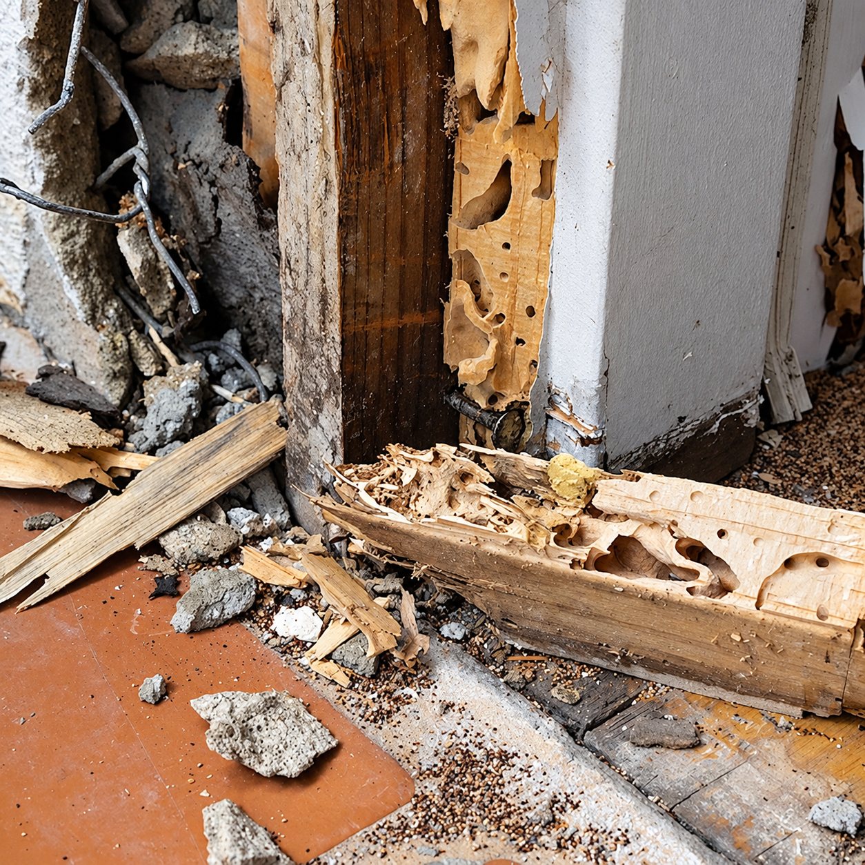 Encadrement de porte en bois rongé par les termites