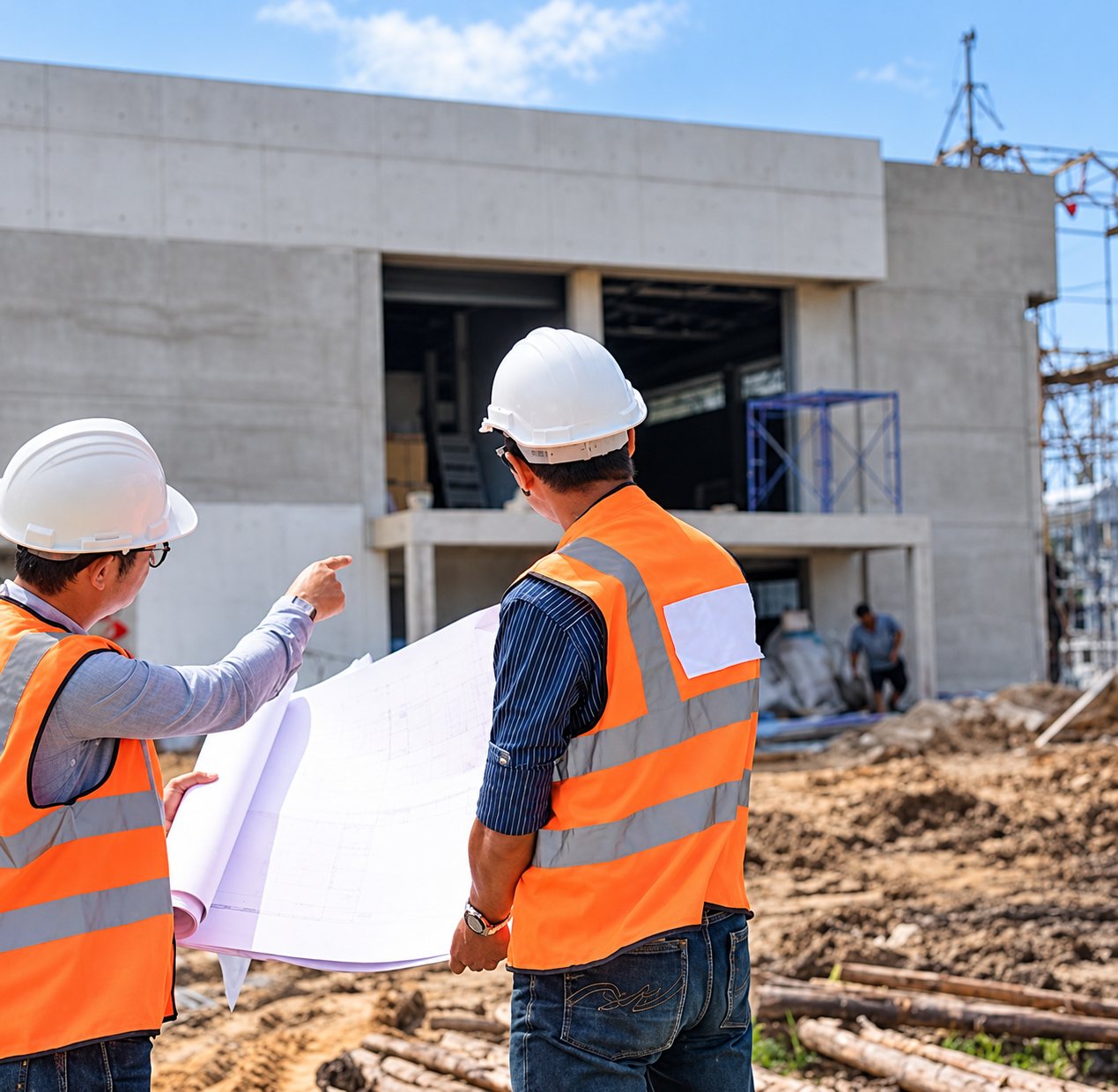 Deux ouvriers consultent un plan sur un chantier