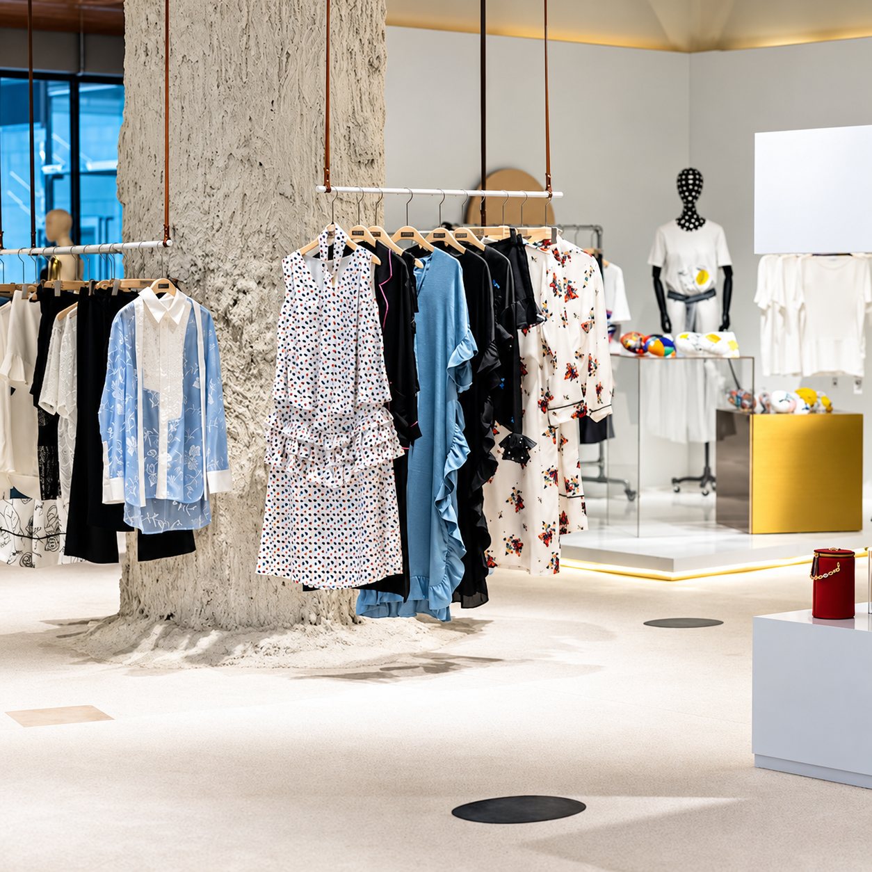 Intérieur d’une boutique de mode avec robes suspendues et mannequin