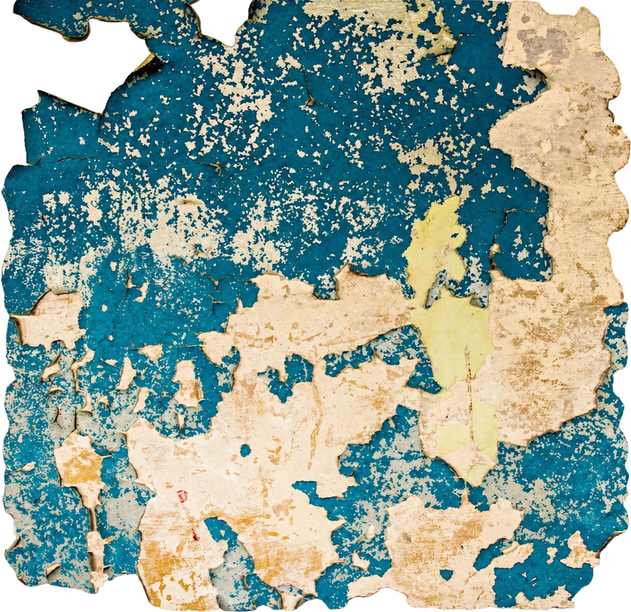 Mur à la peinture bleue écaillée sur un enduit beige