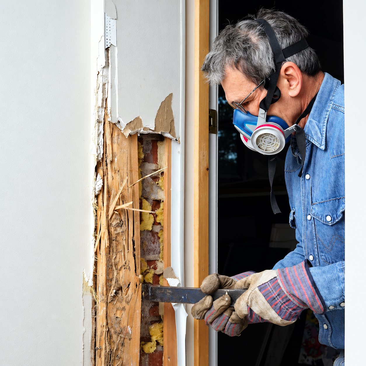 Ouvrier masqué démontant un cadre de porte lors d’une rénovation