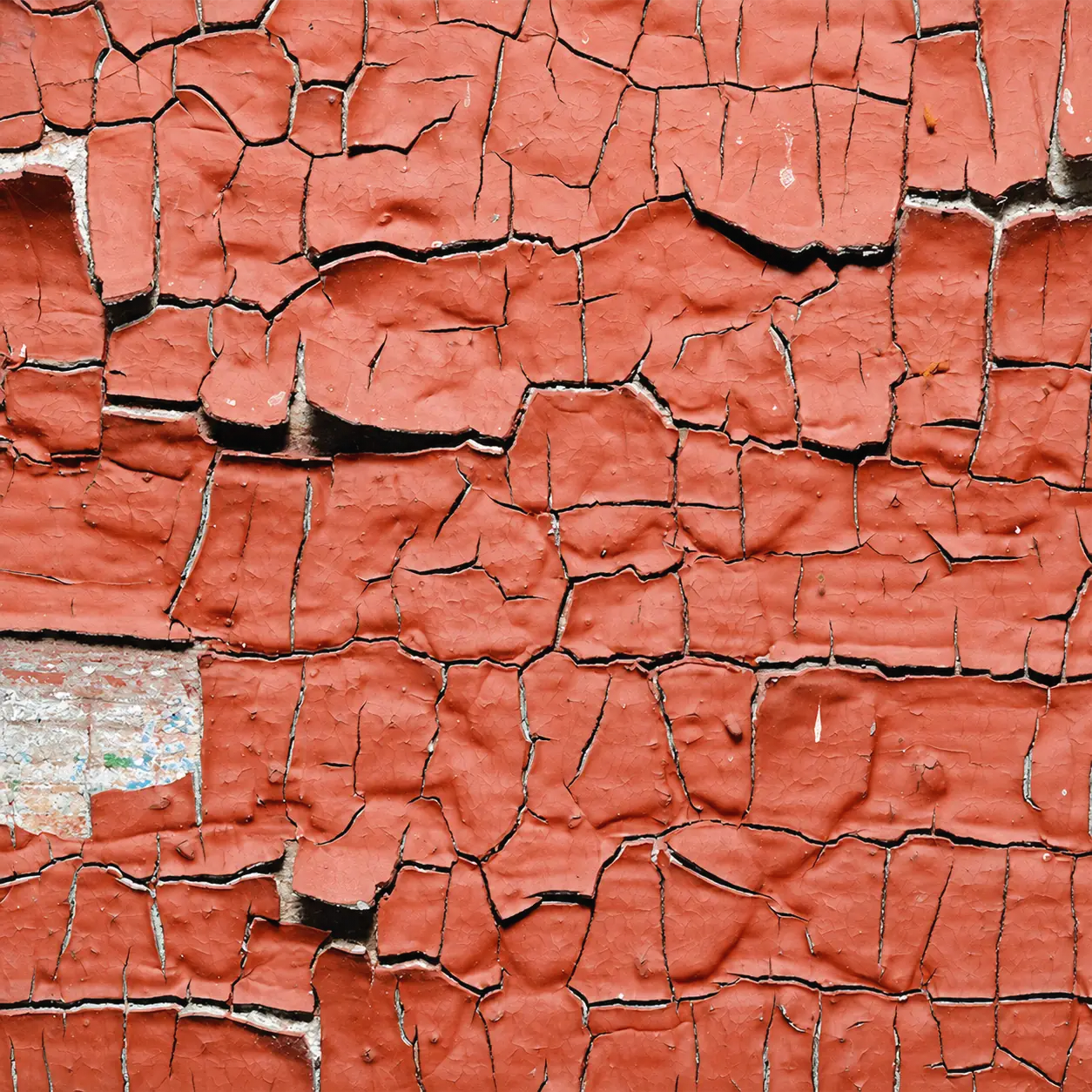 Gros plan sur une peinture rouge écaillée et craquelée